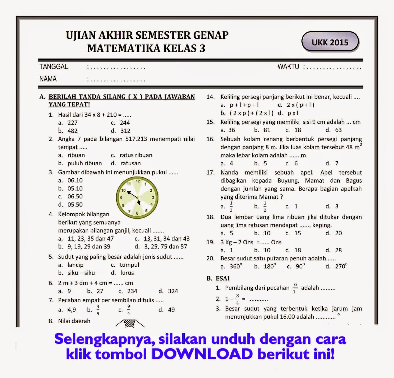15 Rahasia Latihan Contoh Soal Matematika Kelas 3 Semester 2 Agar Anak Cepat Pintar