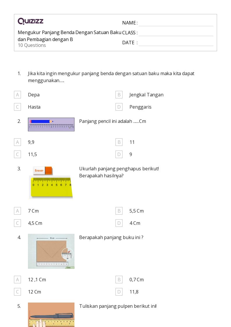 50 lembar kerja Mengukur Panjang untuk Kelas 2 di Quizizz Gratis