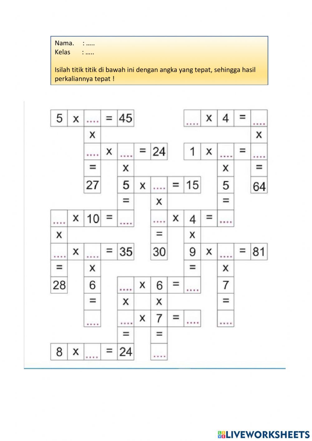 Perkalian online exercise for 3 Math fact worksheets Kids math