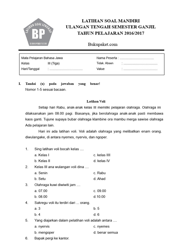 Latihan Soal UTS Bahasa Jawa Kelas III PDF