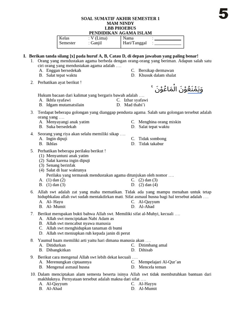 10 Soal Agama Islam Kelas 5 Semester 2 dan Kunci Jawaban Wajib Tahu Siswa