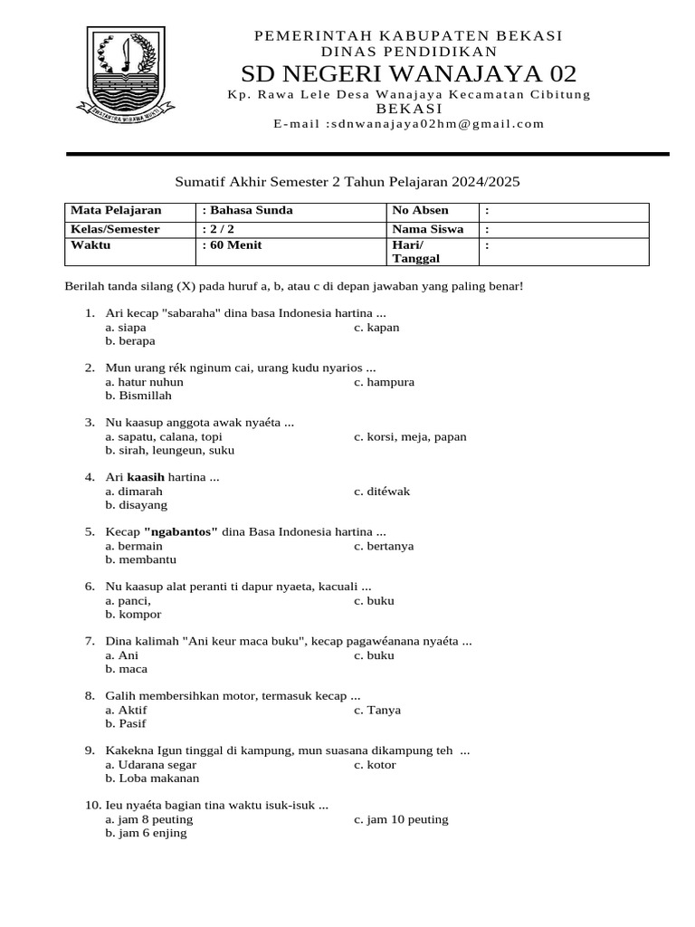 Sebelum Ulangan, Cetak Lembar Soal Bahasa Sunda Kelas 2 SD Kurikulum 2013 Semester 2 Sebelum Ulangan, Cetak Lembar Soal Bahasa Sunda Kelas 2 SD Kurikulum 2013 Semester 2