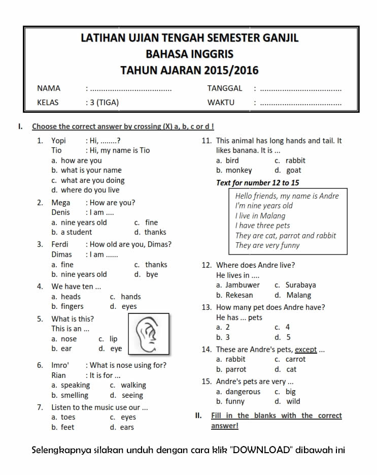5 Contoh Soal UTS Bahasa Inggris Kelas 3 Semester 1 yang Wajib Dilatih Agar Anak Mudah Paham