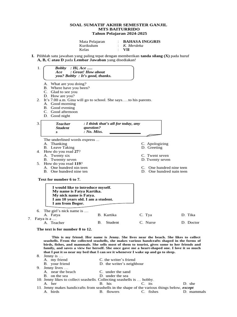 Soal Bahasa Inggris Kelas 7 Semester 1 PDF