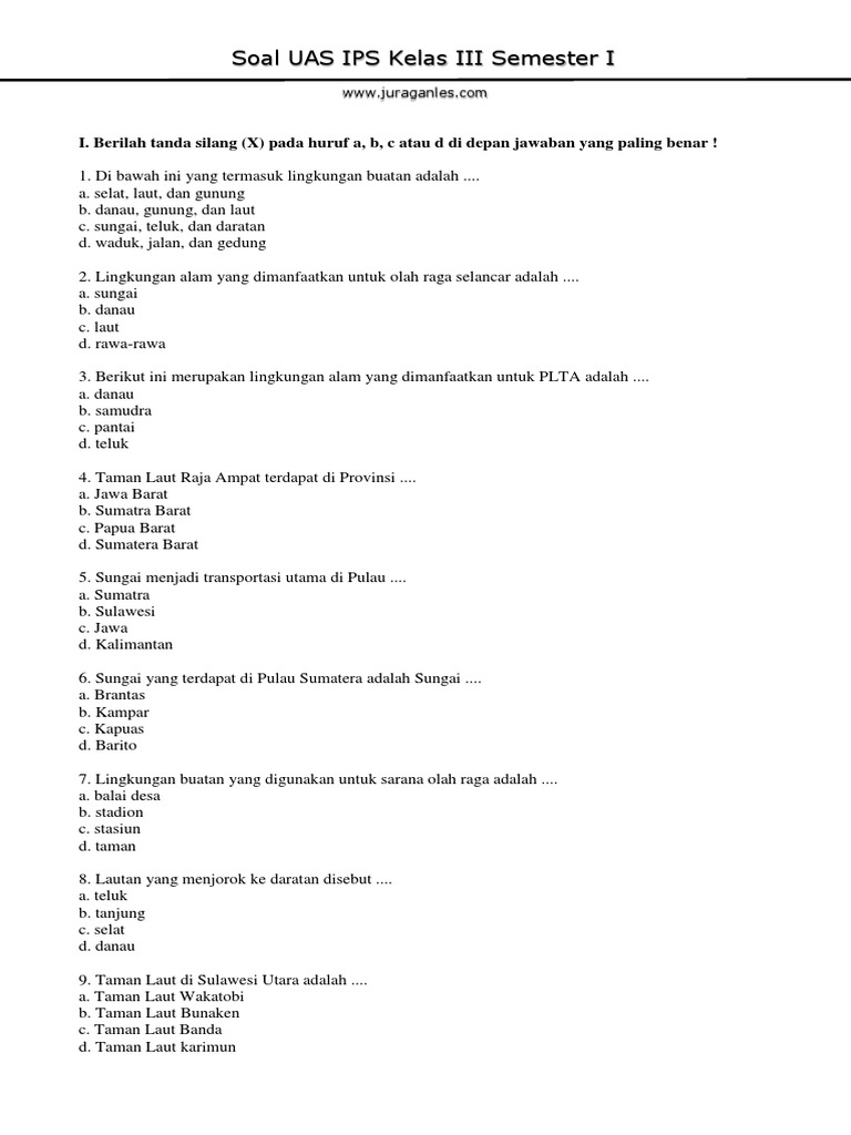 Soal UAS IPS Kelas 3 Semester 1 PDF Ilmu Sosial Sains Matematika