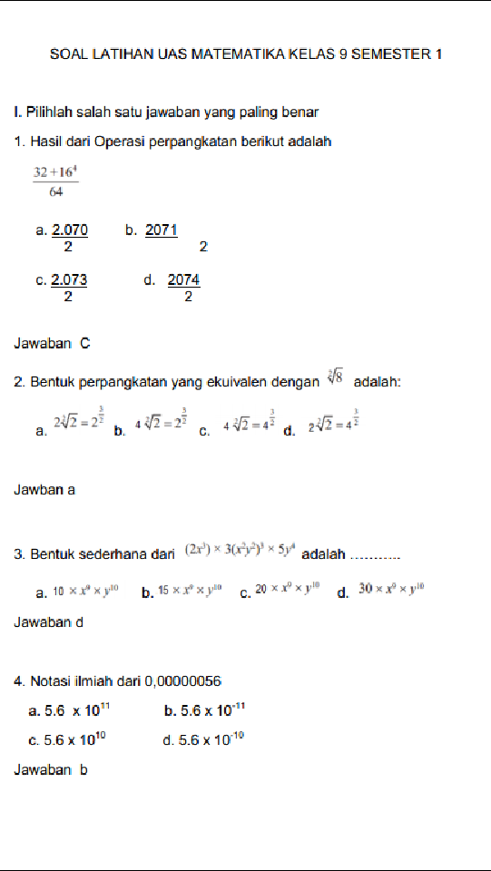 Rahasia Nilai Tinggi Soal Matematika Kelas 9 Semester 1 Kurikulum 2013 Beserta Jawabannya