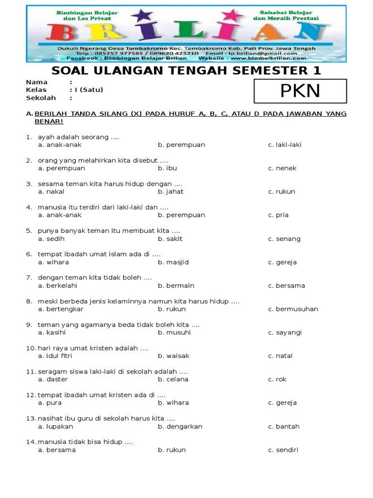 Soal UTS PKN Kelas 1 Semester 1 PDF