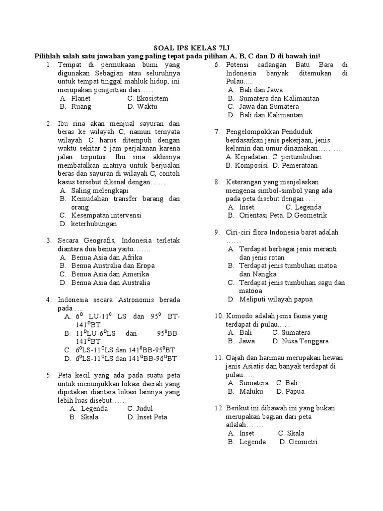 Soal UTS IPS Kelas 7 Semester 1 PDF Sains Matematika