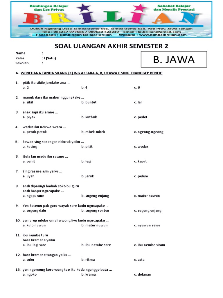 Soal UAS Bahasa Jawa Kelas 1 SD Semester 2 Dan Kunci Jawaban PDF