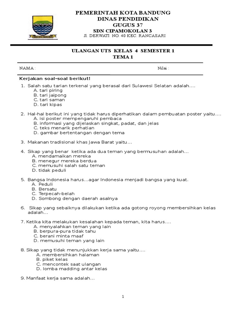 Terbukti Mudah! Download Soal Tematik UTS Kelas 4 Semester 1 Gratis Sekarang