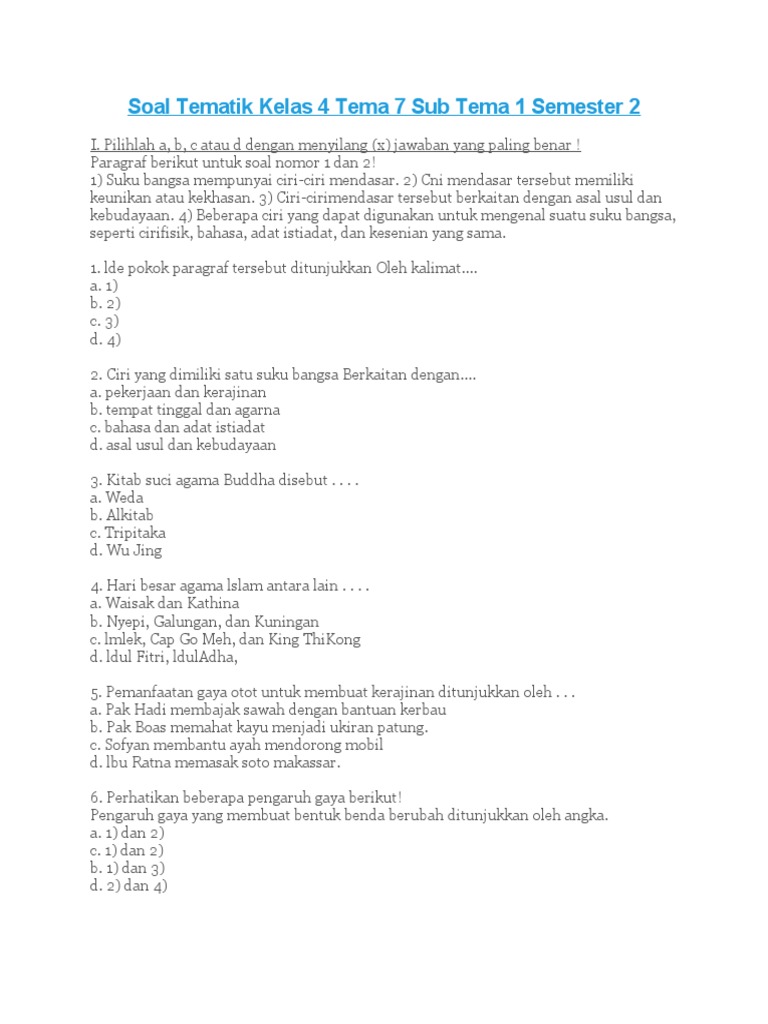 Soal Tematik Kelas 4 Tema 7 Semester 2 PDF Kajian Bahasa Asing