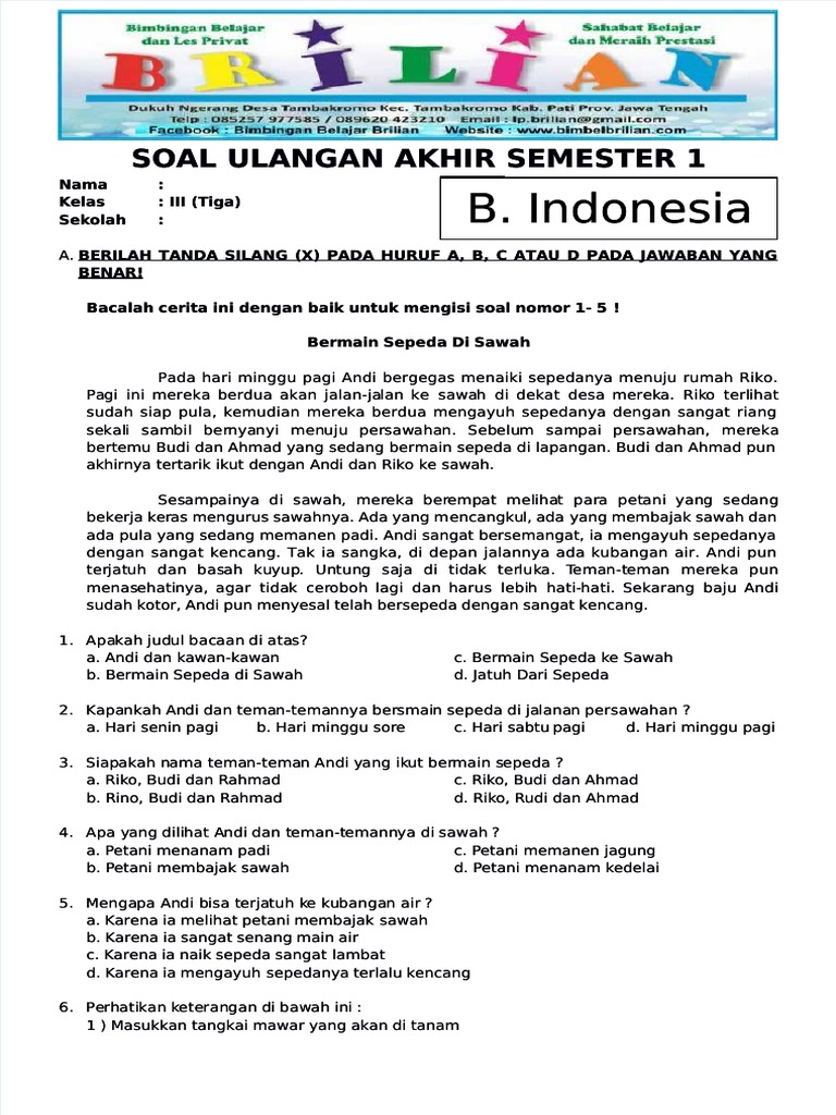 Latihan Seru Contoh Soal Bahasa Indonesia Kelas 3 SD Kata Depan Pada yang Wajib Tahu