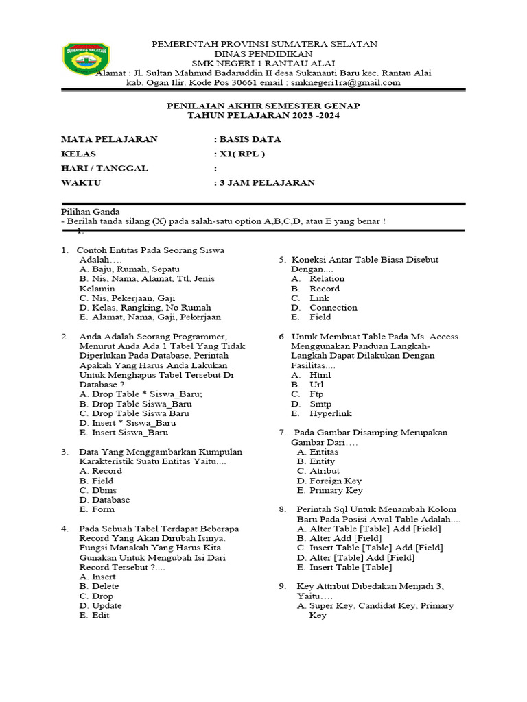 Rahasia Lulus Ujian dengan Contoh Soal Basis Data Kelas 3 SMK Semester 1 Terbaru