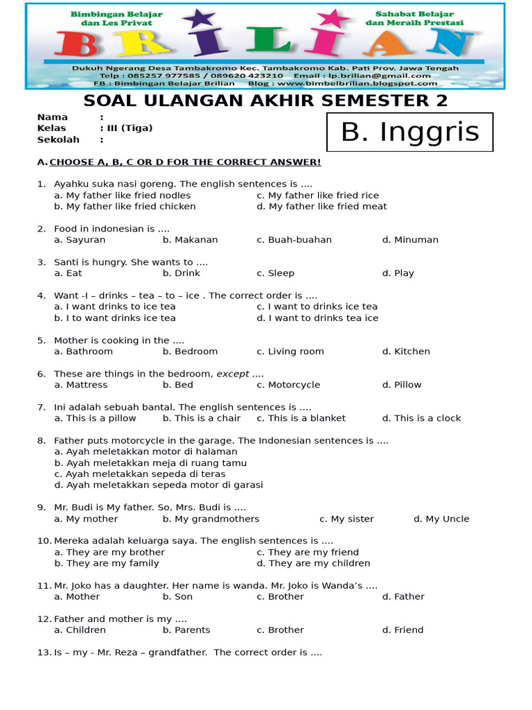 Rahasia Nilai Sempurna dengan Contoh Soal Bahasa Inggris Kelas 3 SD Semester 2 Terbaru
