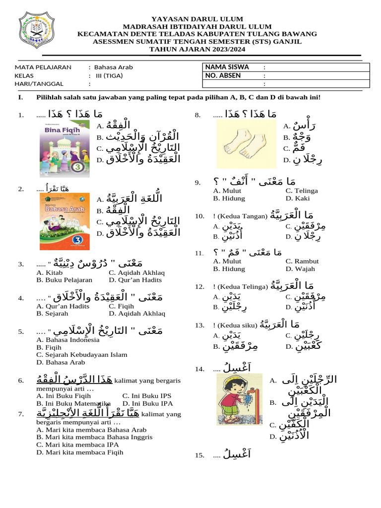 Ternyata Ini Kunci Lulus, Contoh Soal Bahasa Arab Kelas 3 SD Semester 1 Terbaru