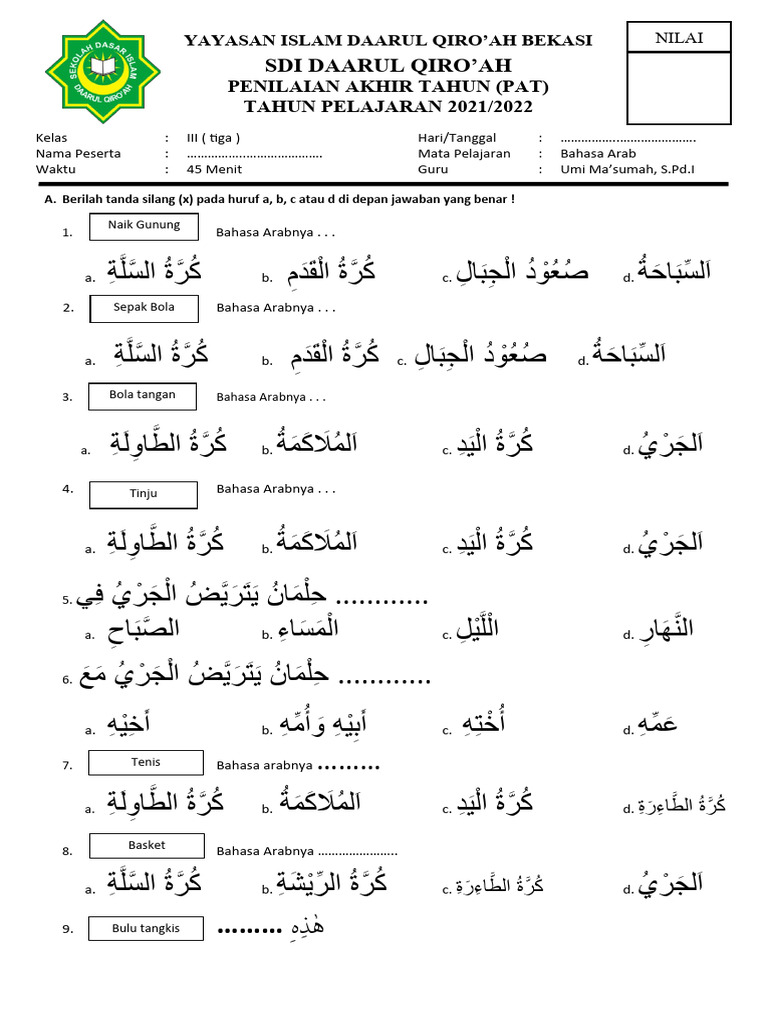 Wajib Tahu! 10 Contoh Soal Bahasa Arab Kelas 3 Mudzakar dan Muannats Agar Nilai Sempurna