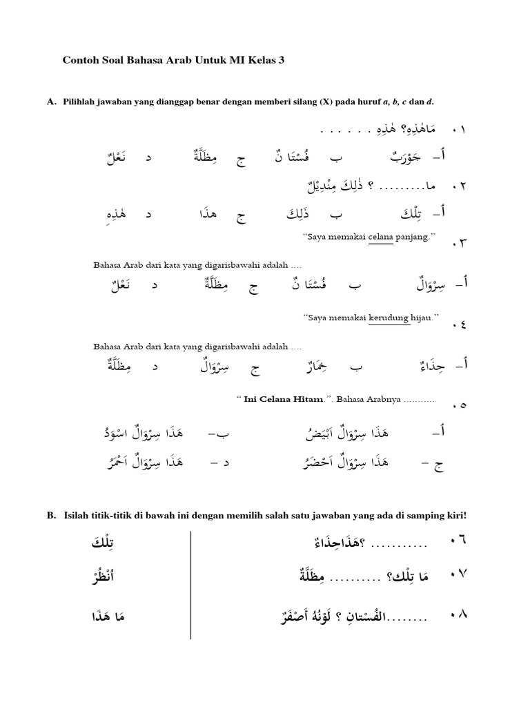 Wajib Tahu Contoh Soal Bahasa Arab SD Kelas 3 DN Kuncinya Agar Nilai Anak Maksimal