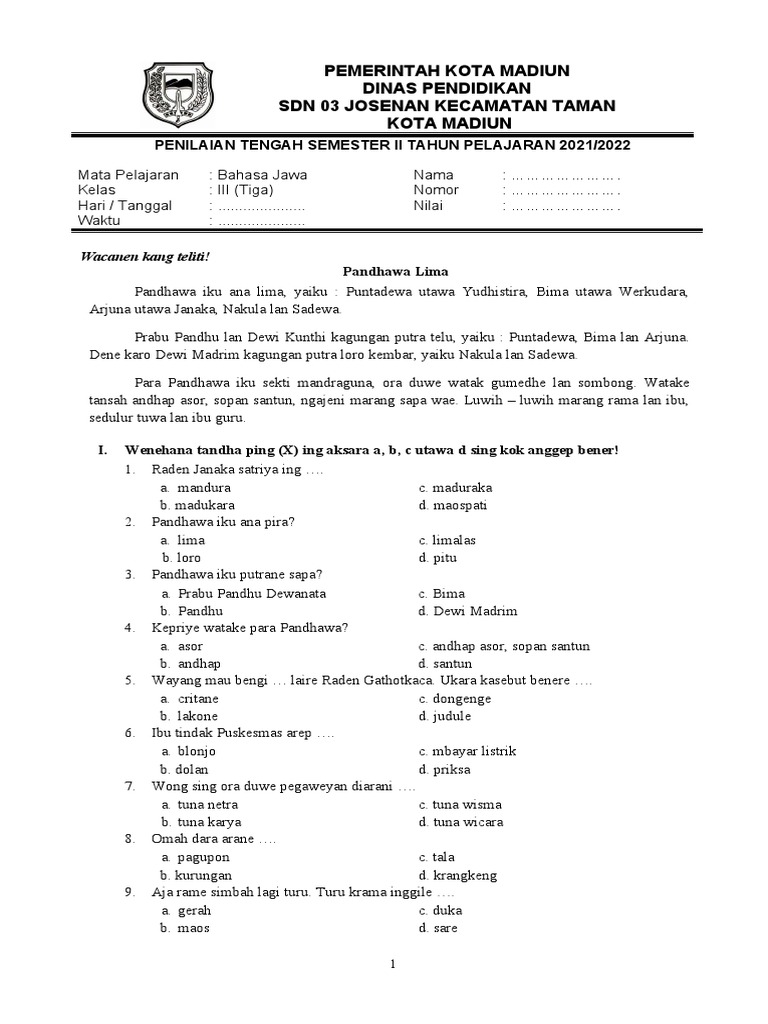 Wajib Tahu Contoh Soal Bahasa Jawa Kelas 3 SD Semester 2 Agar Nilai Ujian Melejit