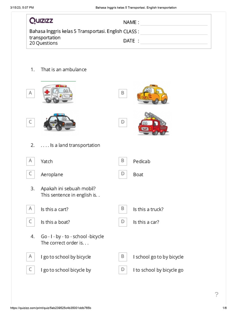Wajib Tahu! Ini Contoh Soal Bahasa Inggris untuk Kelas 3 SD tentang Transportasi Terbaru