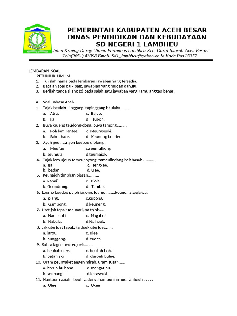 Wajib Tahu! Ini Kumpulan Contoh Soal Bahasa Aceh Kelas 3 SD Terbaru Agar Anak Pintar