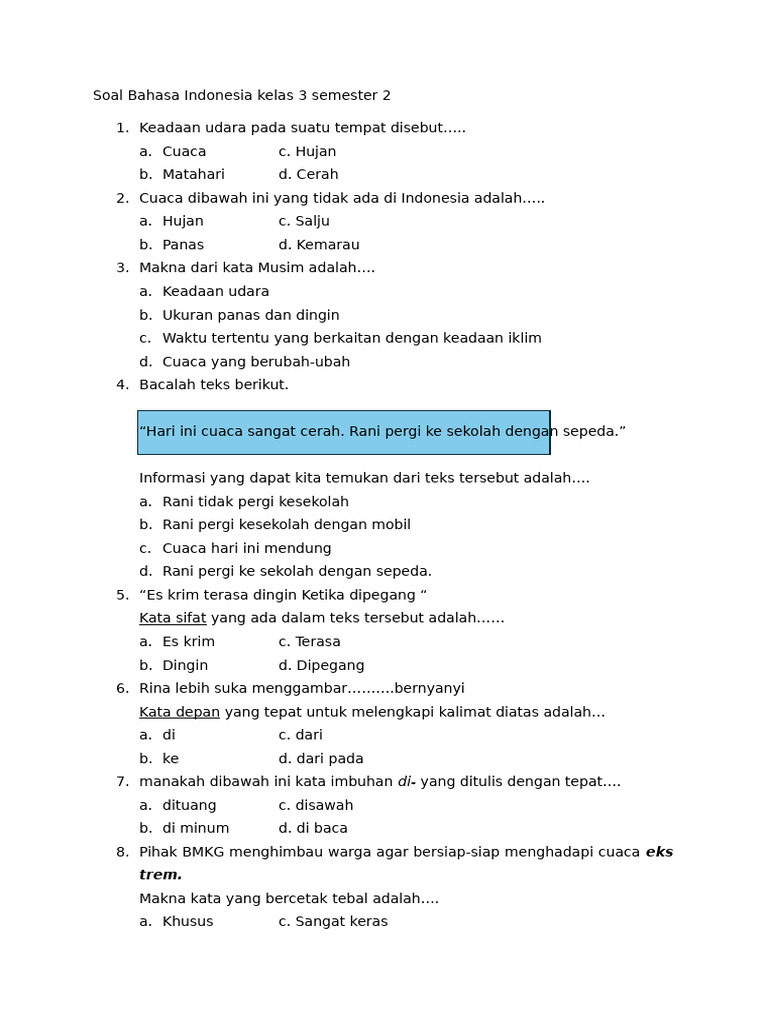 Wajib Tahu! Ini Kumpulan Contoh Soal Bahasa Indonesia Kelas 3 Semester 2 Bab 1 Terbaru