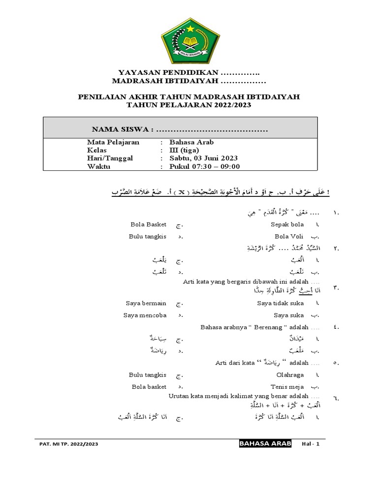 Wajib Tahu Kumpulan Contoh Soal Bahasa Arab Kelas 3 SD Semester 2 Agar Nilai Sempurna