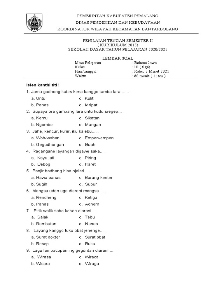 Wajib Tahu! Kumpulan Contoh Soal Bahasa Jawa Kelas 3 Semester 2 Terbaru Agar Nilai Bagus Wajib Tahu! Kumpulan Contoh Soal Bahasa Jawa Kelas 3 Semester 2 Terbaru Agar Nilai Bagus