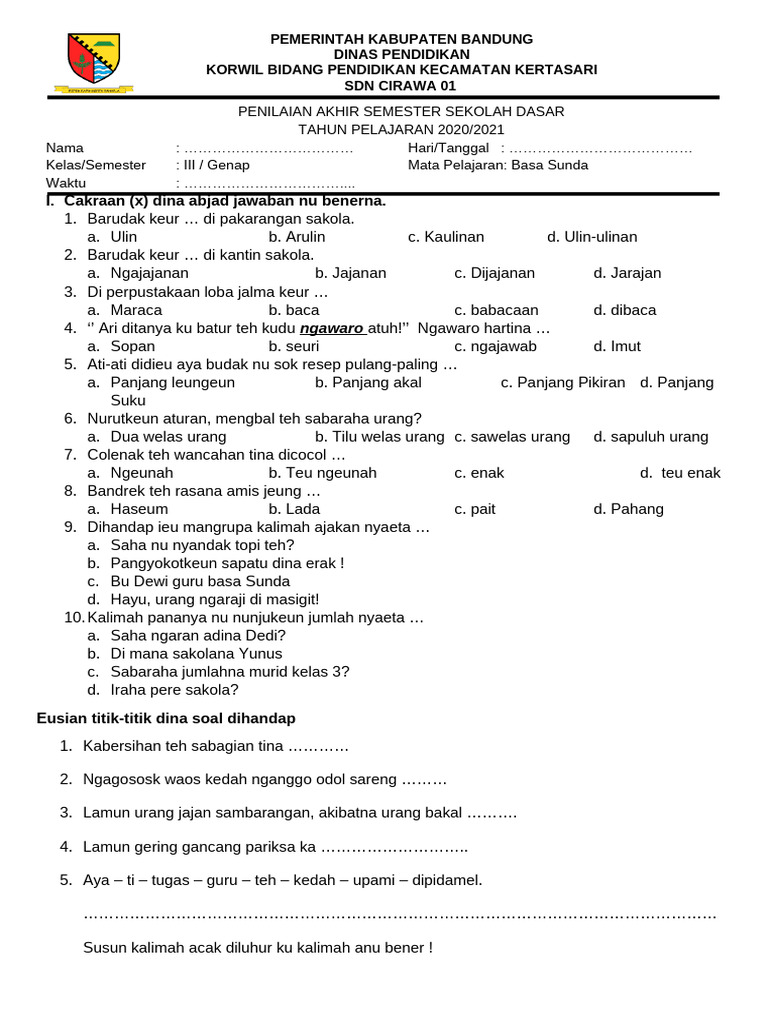 Wajib Tahu! Kumpulan Contoh Soal Bahasa Sunda Kelas 3 SD Semester 1 Terbaru
